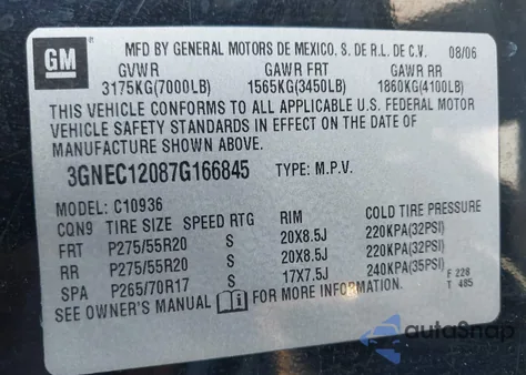 2007 Chevrolet Avalanche 1500 Lt z USA, uszkodzony, nr VIN 3GNEC12087G166845